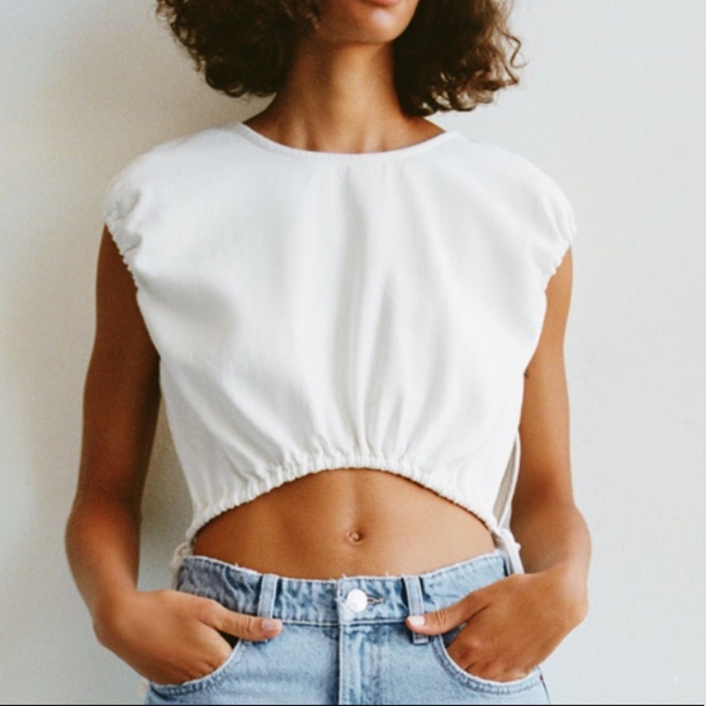 Zara White Cropped Ruched Drawstring Top